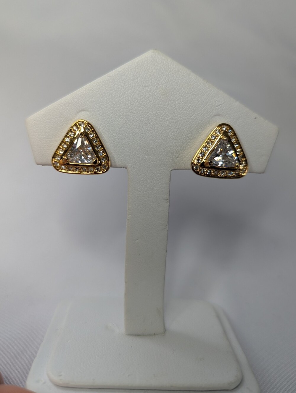Signed Butler Gold Triangle Cubic Zirconia Stud Earrings - Clear
